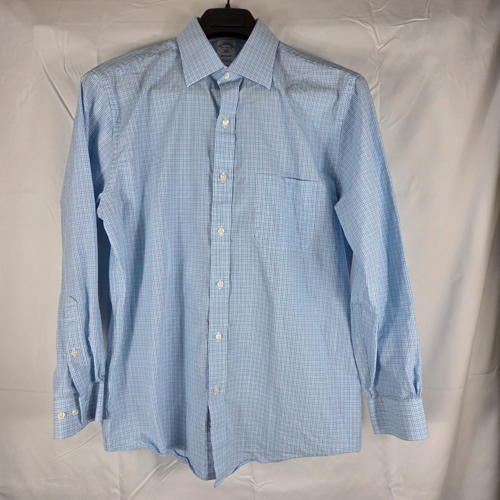 Brooks Brothers 1818 Regular Fit Blue Micro Check Cotton Dress Shirt 15.5 32/33 - Picture 3 of 8